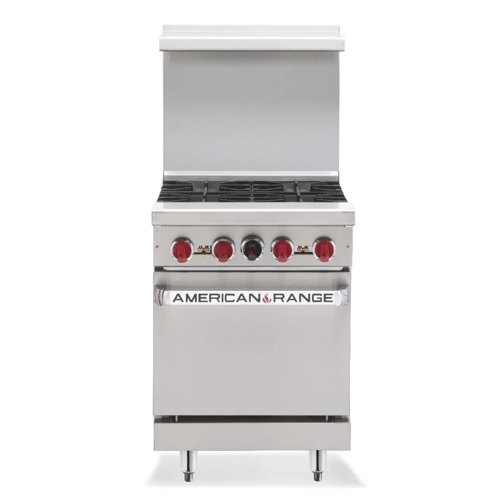 AMERICAN RANGE GAS 24 INCH 4 32000 BTU OPEN BURNERS 20 INCH OVEN WITH 1 RACK STAINLESS STEEL FRONT SIDES HIGH SHELF AND RISER 6 INCH CHROME LEGS